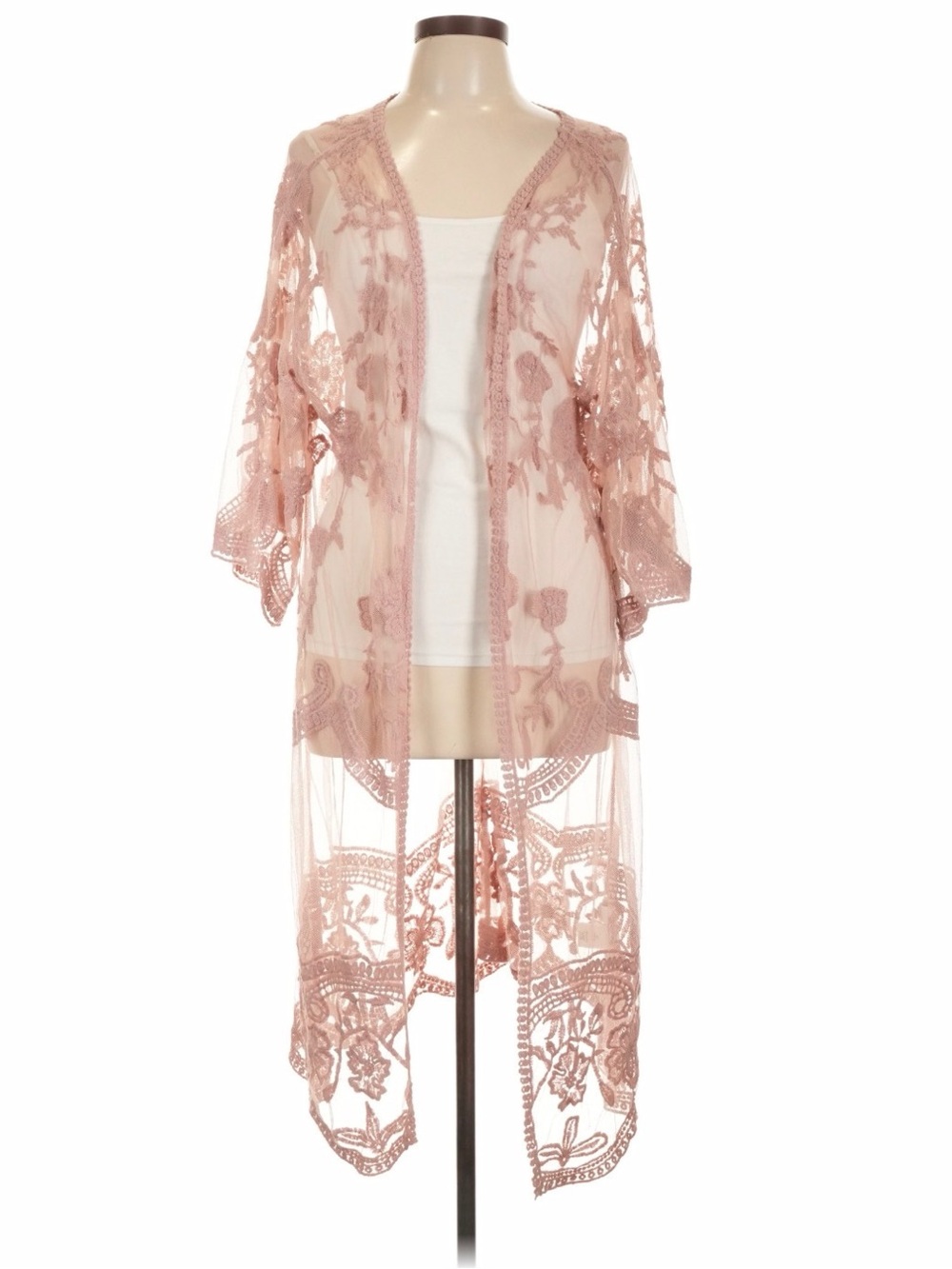 Adiva Sheer Floral Lace Open Kimono Robe Blush Pink